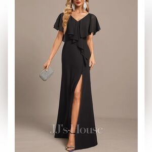 JJs House Black Ruffled V-Neck Slit Evening Dress
